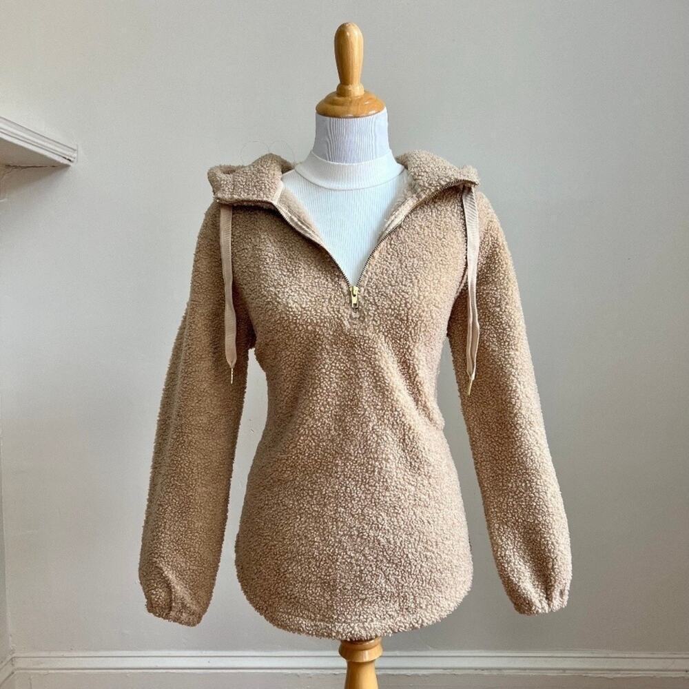 LOFT Sherpa Teddy Neutral Tan Cozy Fleece Hoodie Sweater Womens Medium - Picture 2 of 9